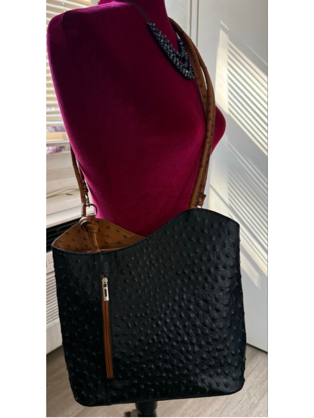 Fioretta Italian Embossed Leather Convertible Purse Tote Backpack Black Brown
